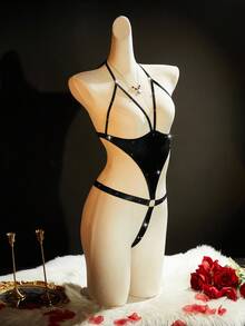 SpicyHot Y2K 闪亮镂空胸前铆钉露背性感迷人女士紧身衣，外出 - 黑色 - 查看 5