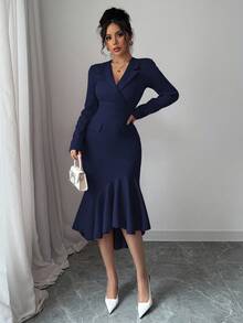 Elenzga 新款女士节日中长连衣裙，西装领长袖不对称鱼尾下摆收腰连衣裙，适合日常穿着、约会、聚会、郊游 - 寶藍色 - 查看 4