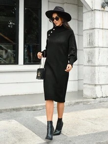 EURMUSE High Neck Button Detail Raglan Sleeve Sweater Dress - Black - View 4