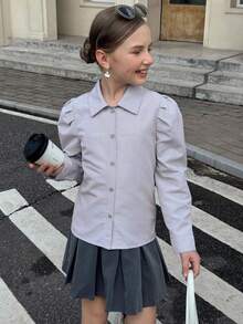 青少年女孩卡其色条纹翻领褶皱宽松长袖衬衫，适合日常通勤 - 卡其色 - 查看 4