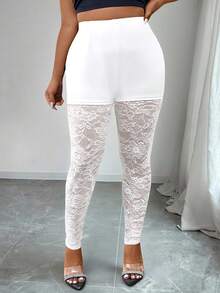 Elenzga Leggings sexy minimalistas de encaje calado de unicolor talla grande - Blanco - Ver 3