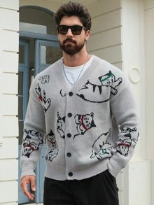 DAZY Men's Grey Cardigan Sweater With Letter & Kitten Jacquard Design, Autumn