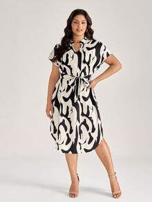 Comfylo Vestido casual de talla grande con estampado y dobladillo asimétrico con nudo para mujer