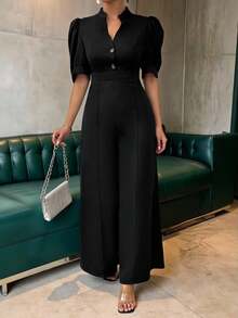 Chiquease 女士夏季V領泡泡袖連身褲，彈性腰帶和寬腿褲 - 黑色 - 查看 1