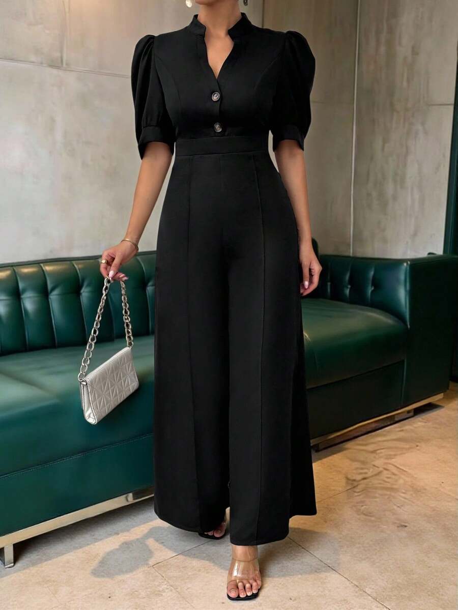 Chiquease 女士夏季V領泡泡袖連身褲，彈性腰帶和寬腿褲 - 黑色 - 查看 1