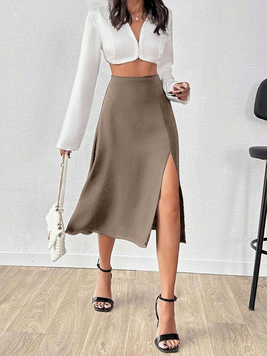 SHEIN Cottnline Women Solid Color Midi Skirt With Slit - Beige - View 1
