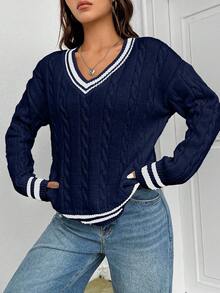 Women's Striped V-Neck Dropped Shoulder Long Sleeve Cable Pattern Regular Sweater, Autumn,Jumper,Cream Jumper,Jumpers,Christmas Jumper,White Jumper,Black Jumper,Ladies Jumper,Women's Jumpers