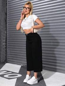 SHEIN ICON 冬季加大码女式经典时尚阔腿牛仔裤 - 黑色 - 查看 4