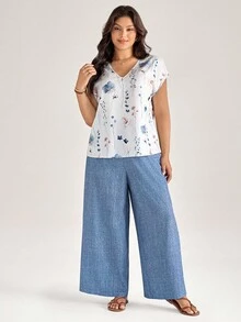 Comfylo Women White Summer Casual Flowy Everyday V-Neck Floral Print Top & Pants Set,Plus Size Vacation Resort Outfits,Chic Work Office Clothes,Streetwear - Multicolor - View 5