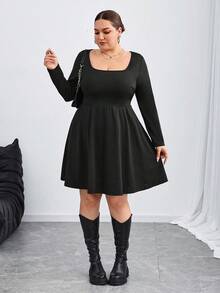 SHEIN CURVE+ Plus Size Women Long Sleeve A-Line Midi Dress/Autumn /Winter