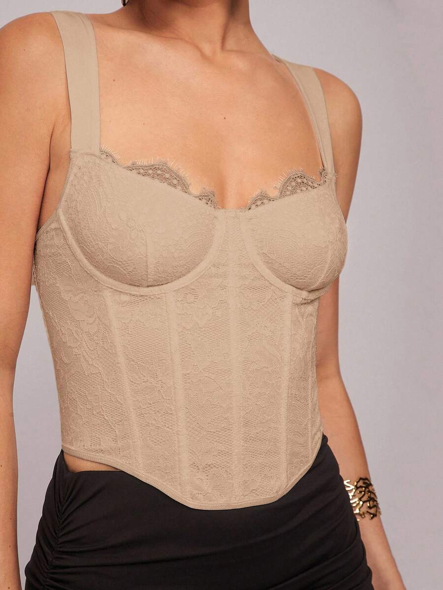 Silquee Áo ngực ren chắp vá bó sát toàn thân dành cho nữ, áo tuyệt đẹp với viền cong, áo corset ren hoa, thích hợp cho kỳ nghỉ xuân, kỳ nghỉ biển, buổi tối đi chơi, tụ tập, tiệc bãi biển, tiệc hồ bơi, ngày lễ, tiệc thường ngày, nghỉ dưỡng tại cabin, trang phục hàng ngày - Màu Khaki - Xem 1