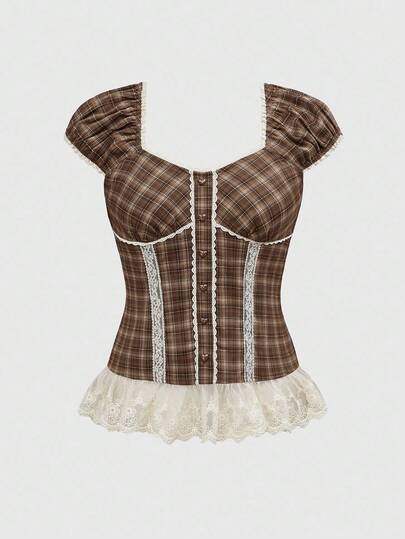 ROMWE Avant Women's Sweetheart Collar Plaid Lace Trim Splice Fashion Blouse