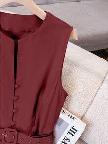 Franclia 女士休闲优雅无袖亚麻中长连衣裙（配腰带） - 酒紅色 - 查看 3