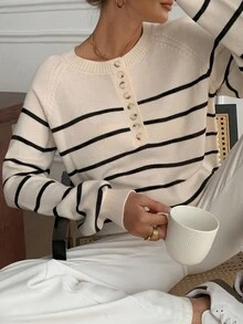 DAZY Casual Striped Sweater For Women, Round Neck, Slimming, Versatile, Autumn/Winter - Beige - View 1