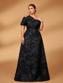 Serin 大码秋冬优雅华丽黑色纱染提花缎面露肩不对称蝴蝶结设计A字裙摆连衣裙，适合晚宴、约会、节日、舞会、婚礼、晚宴、新娘、母亲礼服、婚礼宾客、情人节等场合。 - 黑色 - 查看 4