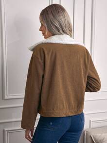 Louniche Casual Color Block Fluffy Collar Thermal Lined Jacket, Autumn/Winter - Brown - View 3