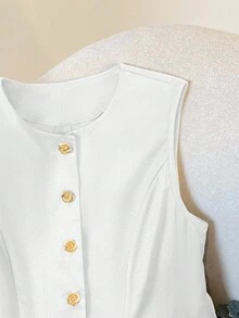 GlowEve Tank Top Wanita Kasual Serbaguna untuk Perjalanan Sehari-hari, Warna Polos, Kancing Depan - Putih - View 3