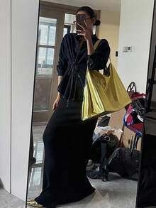 DAZY 女式纯色前扣长袖牛仔衬衫（侧系带）