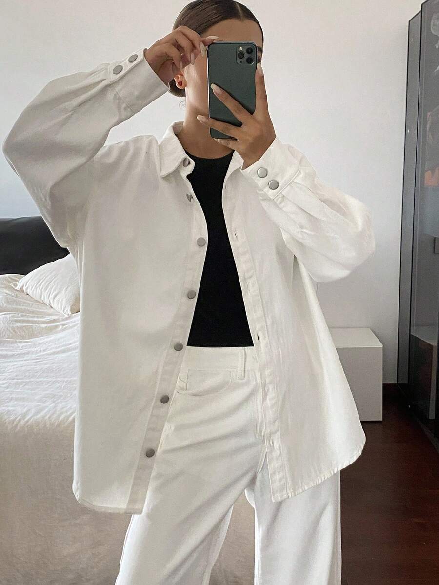 Livesso 女士宽松白色上衣和休闲牛仔裤套装 - 白色 - 查看 1