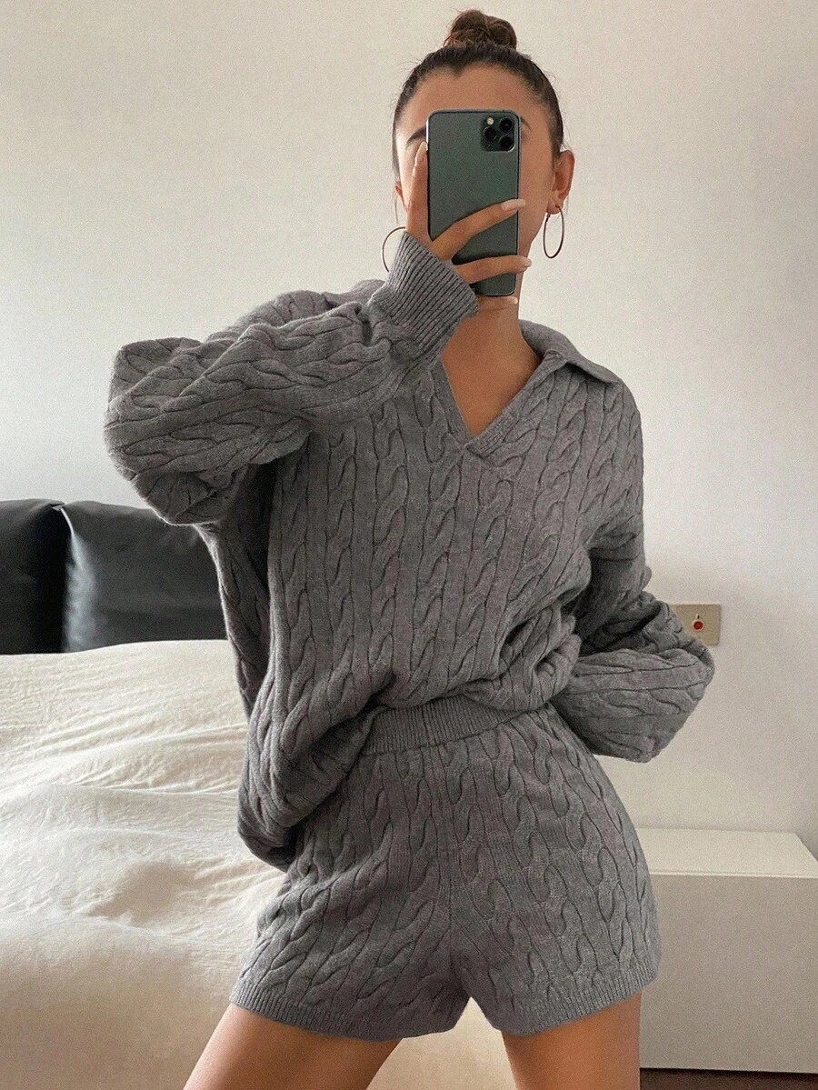 DAZY 2件套女士宽松休闲灰色毛衣，秋冬