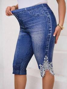 Chikora Plus Size Denim Effect Lace Patchwork Leggings - Blue - View 7