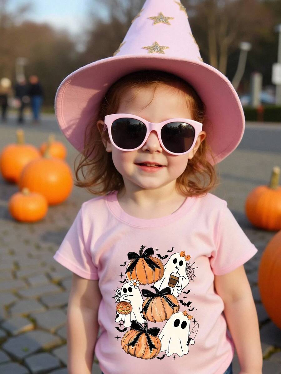 SHEIN Baby Girl Casual Minimalist Fashion Halloween Pumpkin Bow Graphic Short Sleeve Round Neck T-Shirt, Suitable For Summer - Pink - View 1