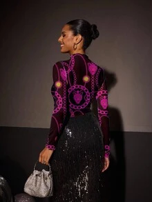 Shutterstock Glamance Blusa de manga larga, cuello alto y ajustada con estampado de leopardo para mujer - Multicolor - Ver 2