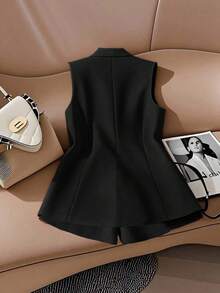 Franclia Bộ 2 món áo khoác blazer không tay ôm sát thanh lịch dành cho nữ và quần short rộng rãi - màu đen - Xem 2