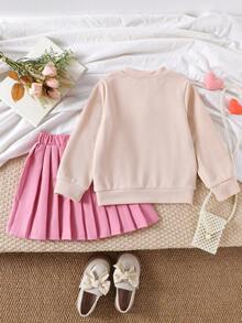 SHEIN Playful Pals Girls' Apricot Long Sleeve Textured Top And Pleated Skirt 2 Pieces Set, Cute Bow Decor, Fashionable For Spring/Autumn Girls 2pcs Pink Skirt Set Kids Pleated Skirt Sets Girl Clothes Autumn And Winter Clothes Autumn And Winter Young Girls Dressse Tween Girl Bow Knit Pink Sweater Fall