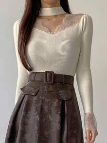 DAZY 法式蕾丝拼布露背汗衫，独特设计女式毛衣 - 米色 - 查看 3