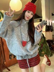 DAZY Vintage American Style Crew Neck Soft & Cozy Oversized Women Sweater, High-End Casual Loose Fit, Autumn/Winter - Grey - View 6