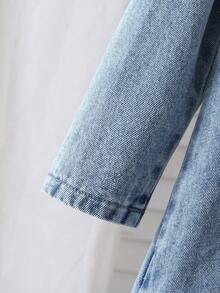 Young Girls' Cute Vintage Medium Wash Blue Denim Dress With White 3D Bow And Pleated Skirt, Comfortable Soft Fabric, Fashionable Daily Wear For Little Girls Fall Winter Girls Denim Dress - Medium Wash - View 5