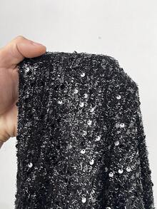 NU&NOW 大码女式纯色圆领长袖美人鱼下摆亮片装饰派对连衣裙 - 黑色 - 查看 7