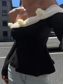 DAZY Autumn Sexy Fitted Elegant Fashion Off Shoulder Short Top, Mesh Fabric With 3D Floral Decor, Color Block, Suitable For Party, Wedding, Long Sleeve Women T-Shirt