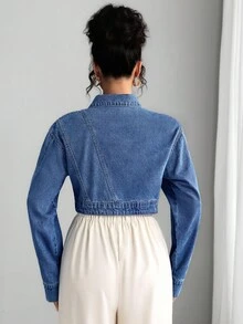Elenzga Women's Fashion Asymmetrical Short Denim Jacket - Blue - View 2