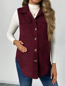 SHEIN Maternity Loose Corduroy Faux Pocket Vest Jacket, Autumn Winter - Burgundy - View 3