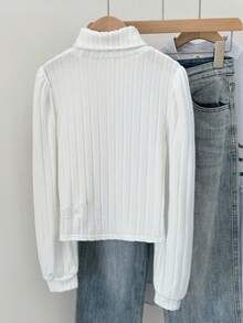 SHEIN 少女纯白色罗纹高领灯笼长袖T恤，休闲日常穿着，可与妈妈亲子装搭配，时尚秋季款