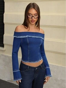 Jeanoix 女士时尚休闲优雅淑女牛仔上衣 - 深色水洗藍 - 查看 4