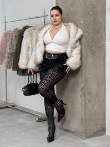 GalTyme Plus Size Women Sexy Black Leopard Print Mesh See-Through Tights Autumn/Winter, Fall Tights For Women, Elegant Black Commute Appointment Date Keep Warm Tights, Party, Going Out, Wedding Guest, Chic Christmas Tights