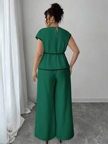 Elenzga Asymmetrical Waist Cinched Short Sleeve Plus Size 2 Pieces Set