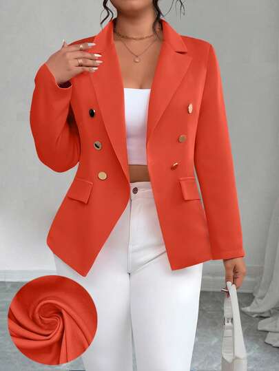 Elenzga 大码女式纯色双排扣收腰长袖西装外套