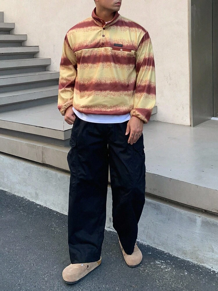 Autumn Multi-Color Striped Knitted Half-Zip Design Applique Sweatshirt For Men