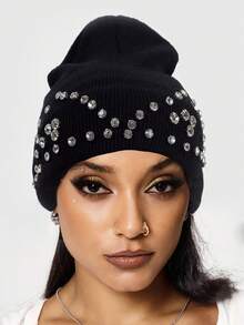 ROMWE Goth 1pc Street Style Rhinestone Knit Beanie Hat, Warm Knitted Hat For Autumn/Winter Daily Wear, Fashionable Hat For Women - Black - View 2
