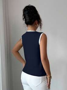 Rafferiza Contrast Color 2 In 1 V-Neck Sleeveless Cardigan Vest Knit Sweater - Navy Blue - View 2