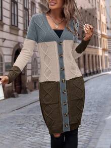 EMERY ROSE Women's Autumn Colorblock Geometric Textured Long Sleeve Single-Breasted Long Cardigan With Pockets - Multicolor - View 3