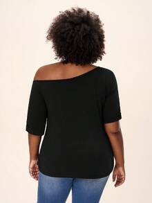 Comfylo Plus Lip Print Asymmetrical Neck Tee Business Casual Fall Clothes Plus Size - Black - View 8