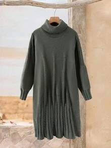 Rusticease 女士高领长袖宽松休闲针织毛衣裙，秋冬 - 綠色 - 查看 1