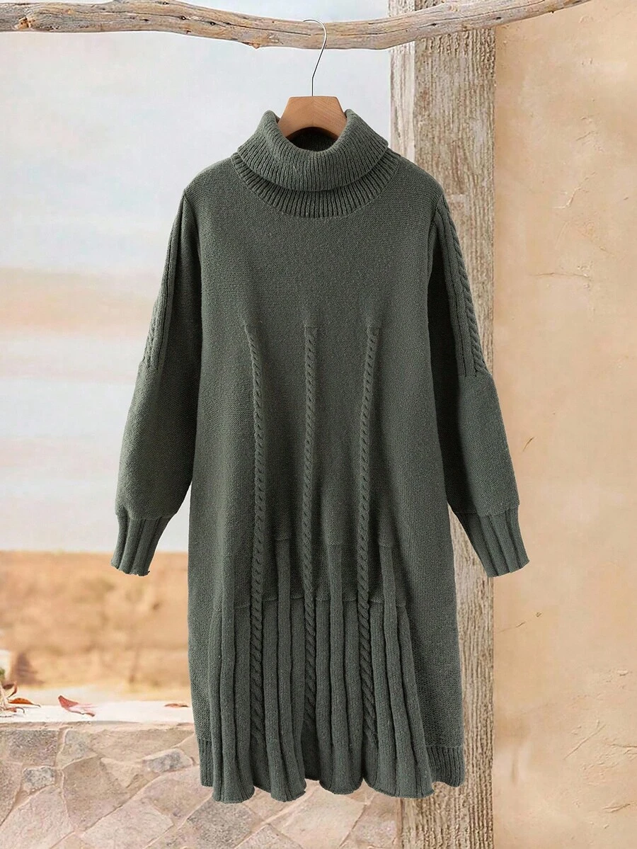 Rusticease 女士高领长袖宽松休闲针织毛衣裙，秋冬 - 綠色 - 查看 1