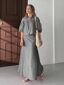 EURMUSE Bộ trang phục hai mảnh cho nữ, áo sơ mi và váy kiểu gingham - màu xanh lá - Xem 1