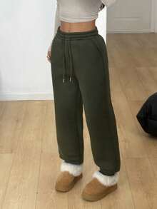 Coolane Quần nỉ nỉ trơn màu thường ngày dành cho nữ, phù hợp cho mùa thu/đông - xanh quân đội - Xem 6